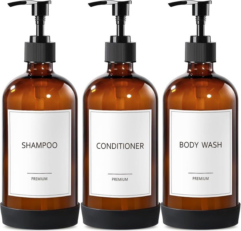 Gmisun Glass Shampoo and Conditioner Dispenser with Silicone Boot, Shower Soap Dispenser Bottles with Labels, Refillable Shampoo Conditioner Body Wash Dispensers - Image 1